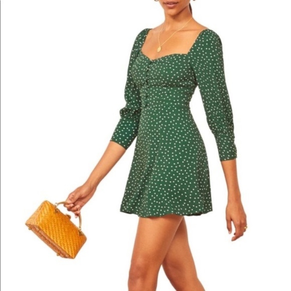 Reformation green dotted mini dress